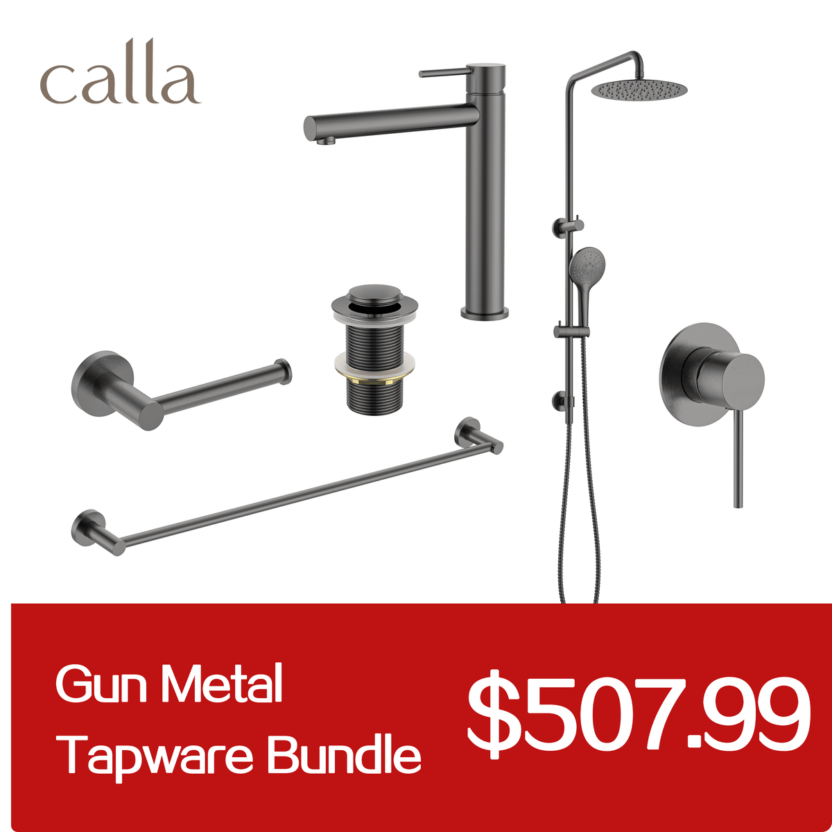 Calla Gun Metal Tall Rounded Square Basin Mixer Tap Bundle
