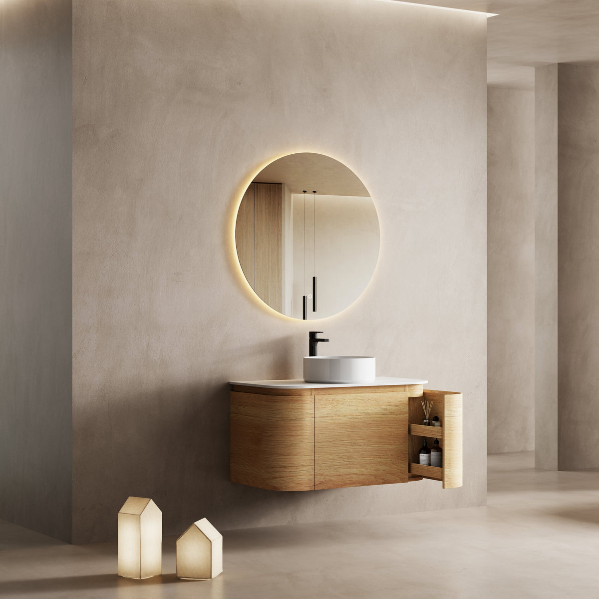 Iris 900 Walnut Veneer Curved Bathroom Wall Hung Vanity (With Sintered Stone Top)