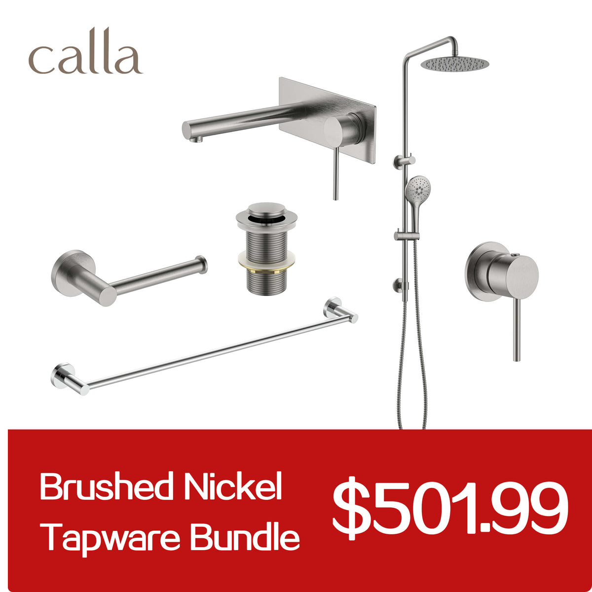 Calla Brushed Nickel Round Square Basin Wall Mixer with Plate Bundle