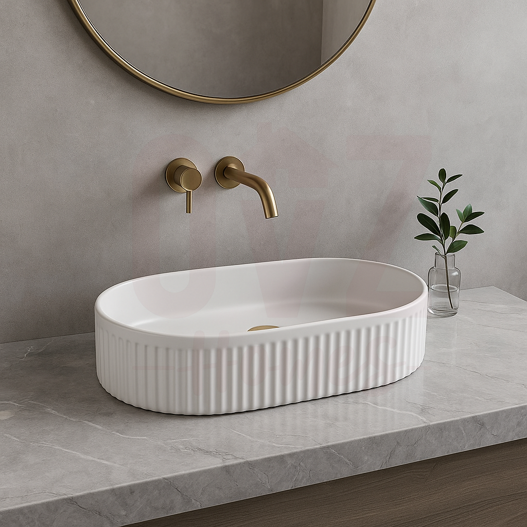 480x345x140mm Groove Fluted Oval Above Counter Art Stone Basin Matt White
