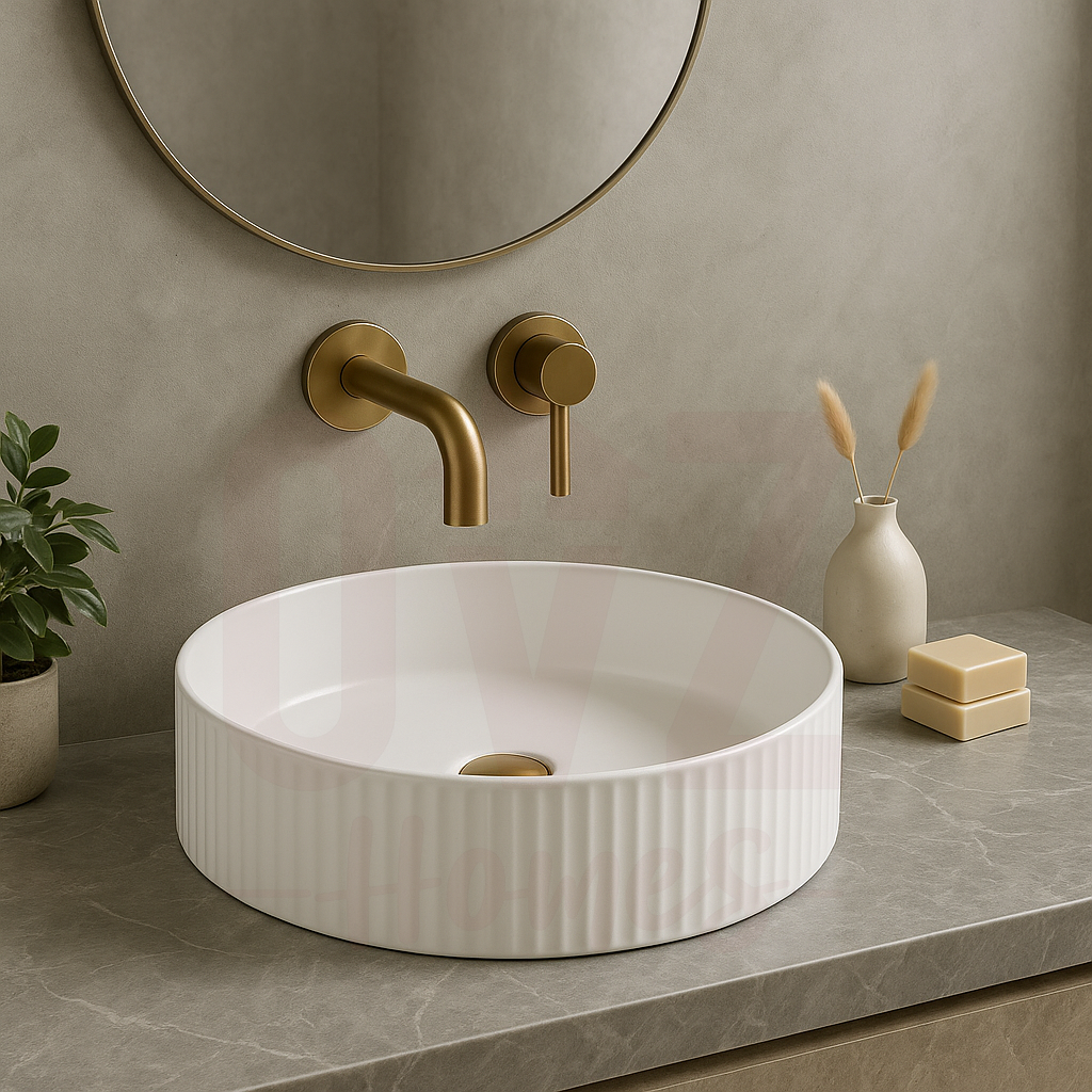 360x360x115mm Round Groove Above Counter Ceramic Basin Gloss / Matt White