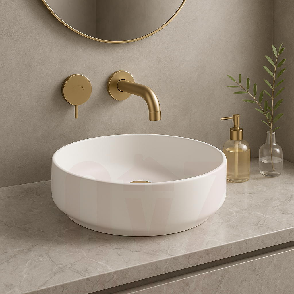 355x355x120mm Round Gloss White Ceramic Above Counter Wash Basin Ultra Slim