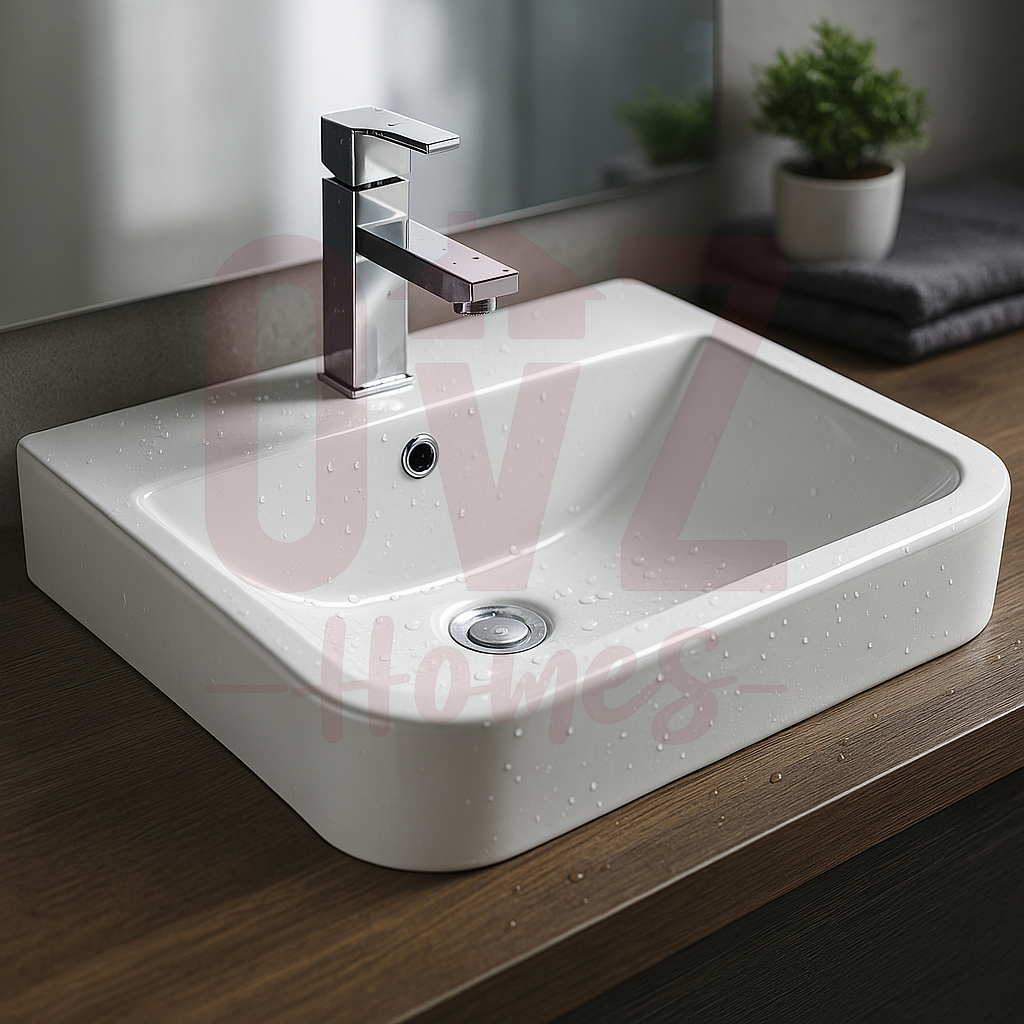 600x500x200mm Rectangle Gloss White Ceramic Above Counter Basin With Overflow Hole