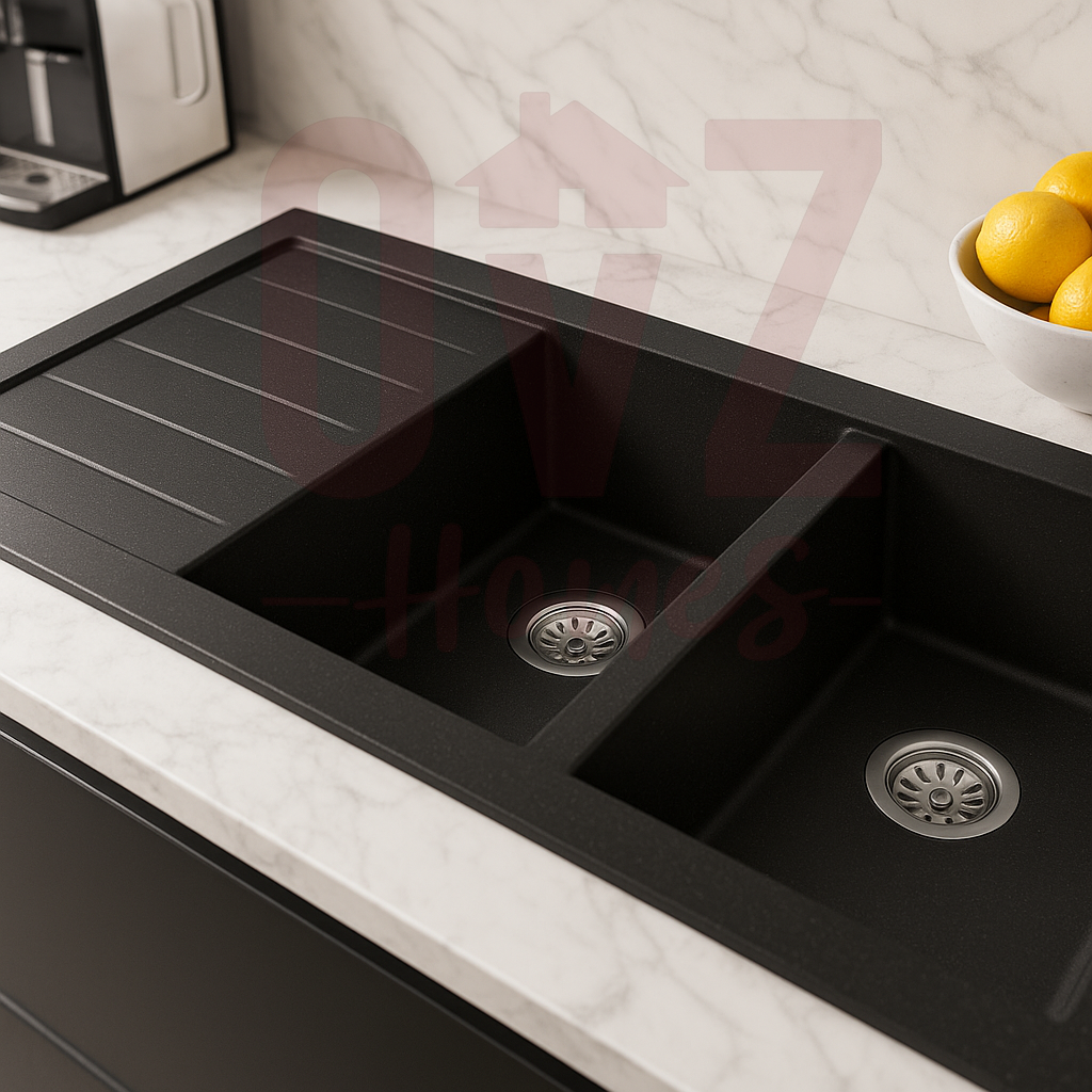 1160*500*216mm Black Granite Quartz Stone Kitchen Sink Double Bowls Drainboard Top Mount