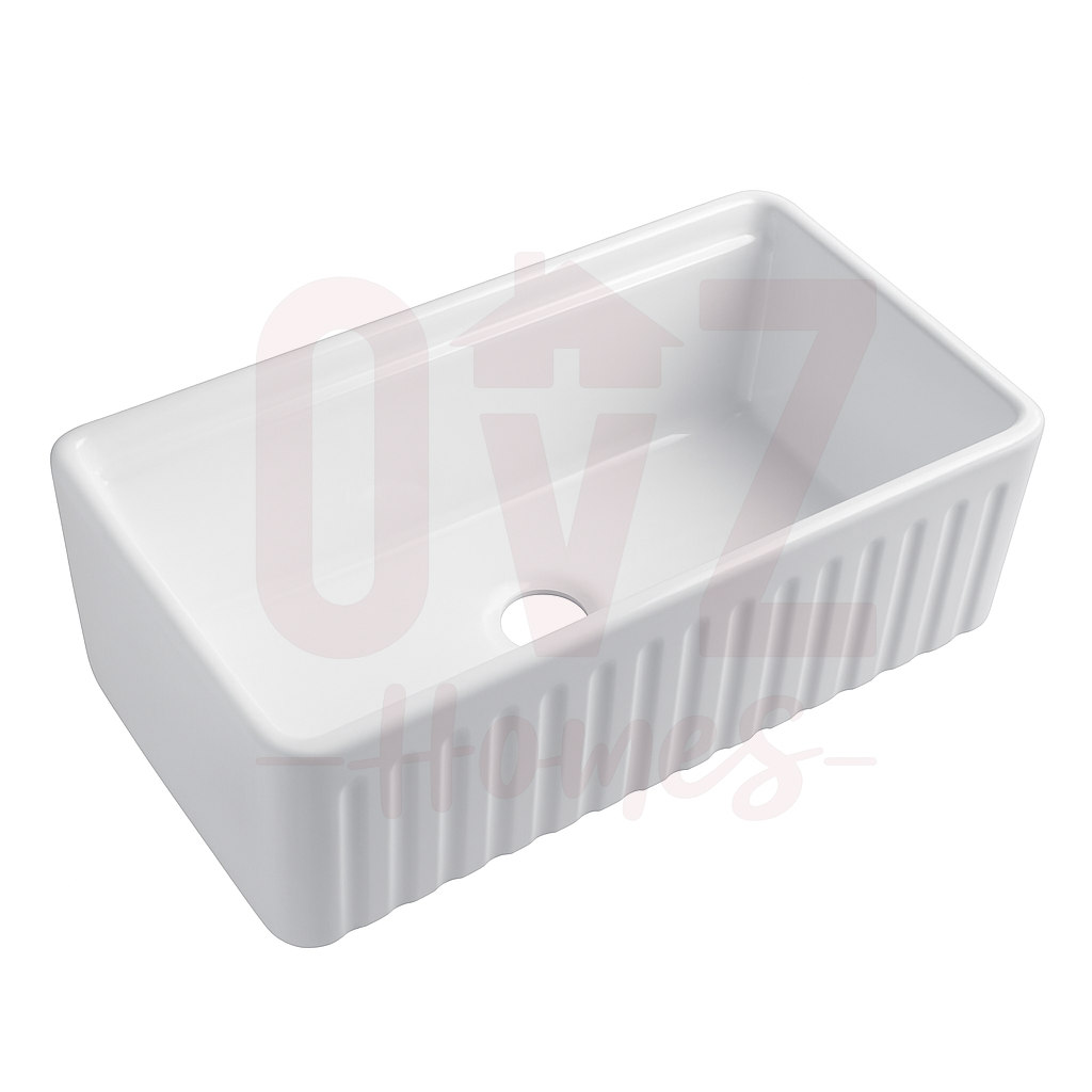 914x508x254mm Fireclay Gloss White Fluted Single Bowl Kitchen Butler Sink