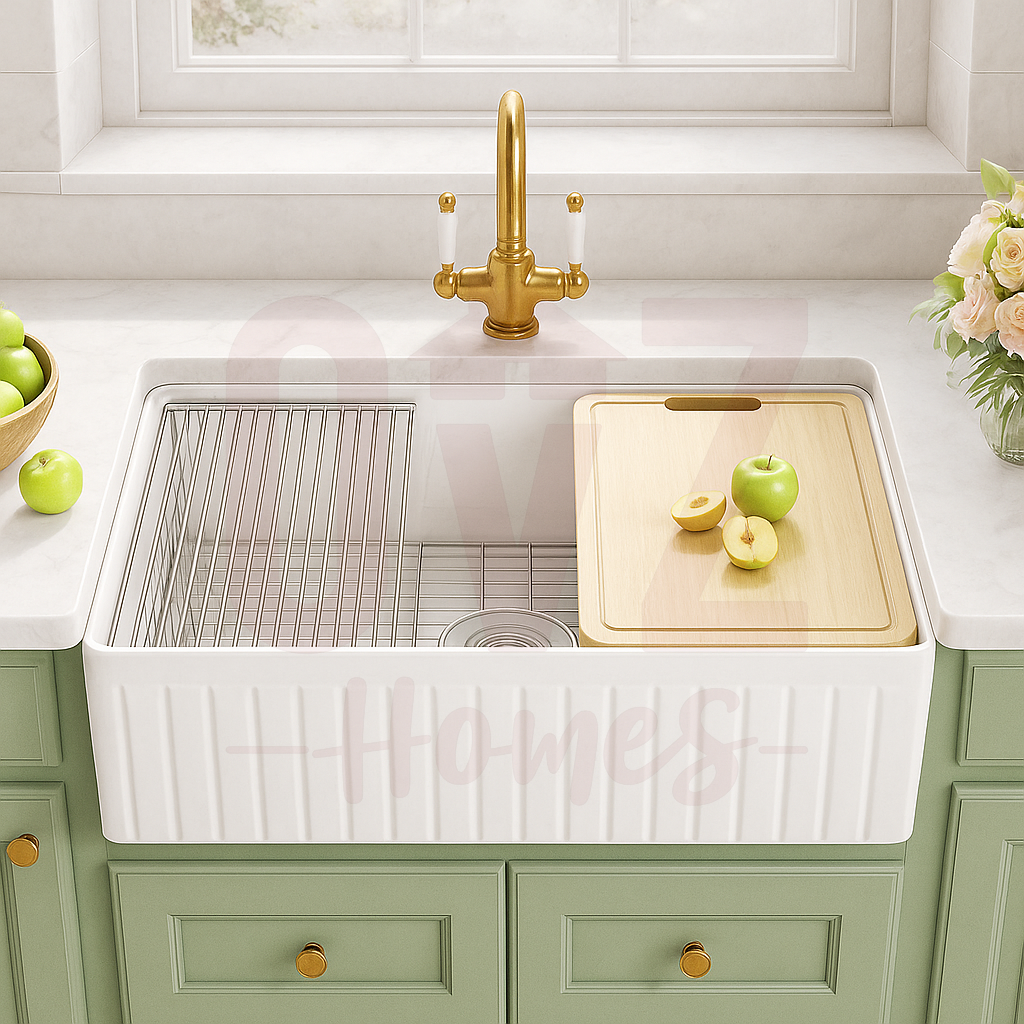 838x457x254mm Fireclay Gloss White Fluted Single Bowl Kitchen Butler Sink