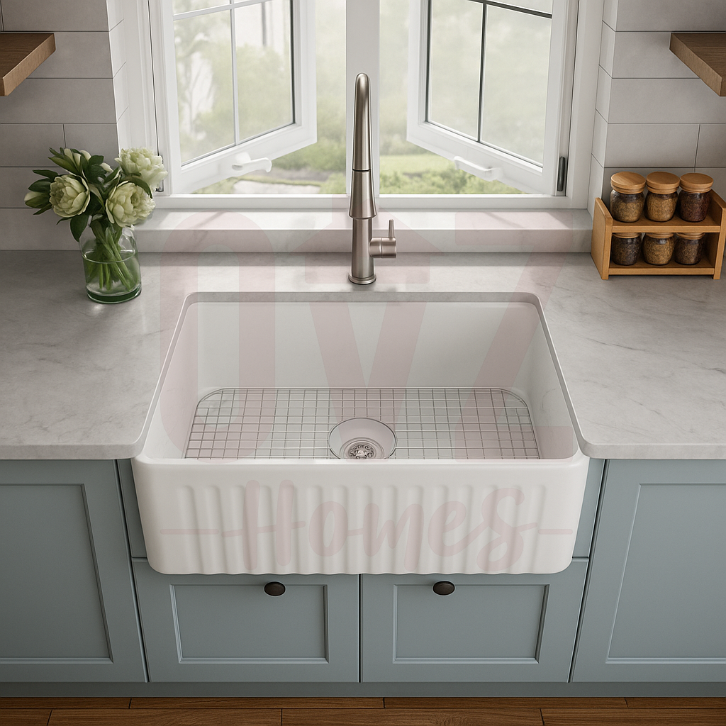 610x457x254mm Fireclay Gloss White Fluted Single Bowl Kitchen Butler Sink