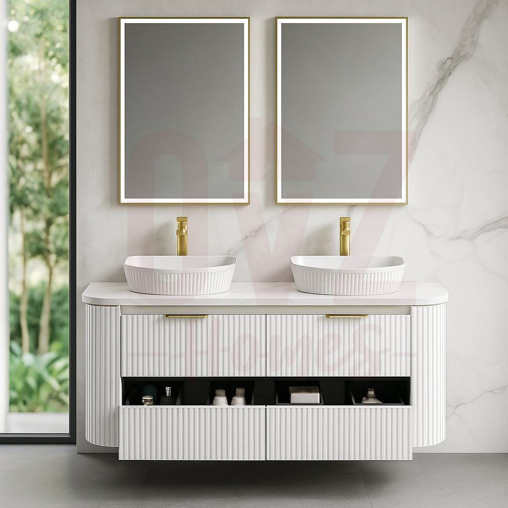 600-1500mmWall Hung Plywood Vanity Matt White Linear Surface Single/Double Bowls Cabinet ONLY for Bathroom