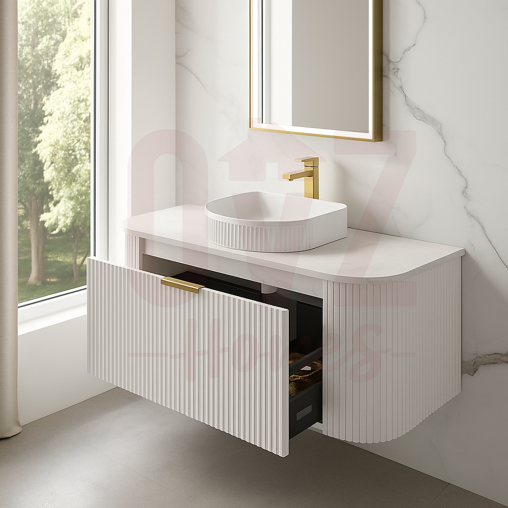 600-1500mmWall Hung Plywood Vanity Matt White Linear Surface Single/Double Bowls Cabinet ONLY for Bathroom