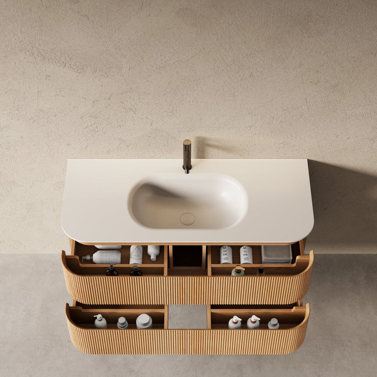 Bright 1200 Walnut Veneer Curved Bathroom Wall Hung Vanity (With Resin Undermount Integrated Basin)