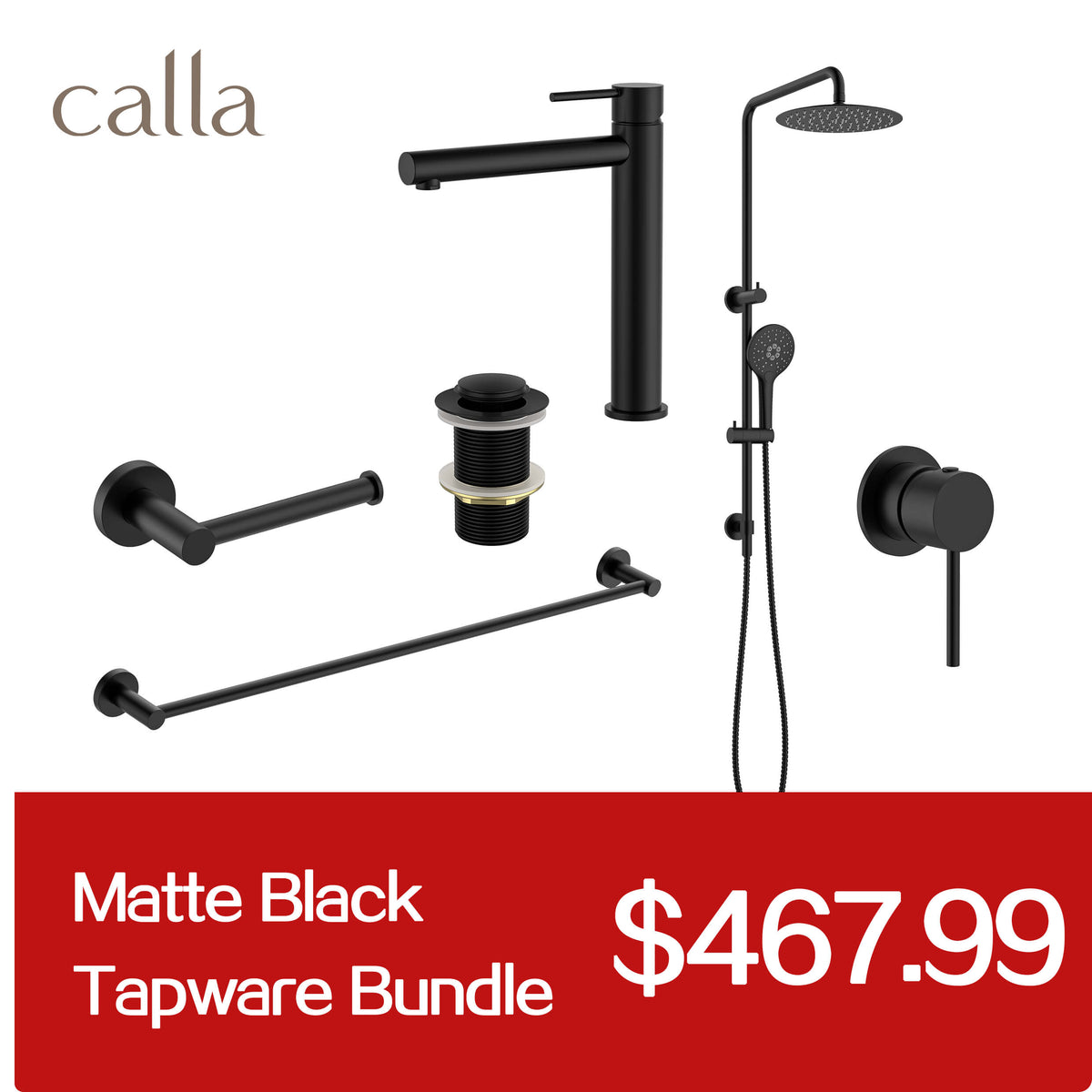 Calla Matt Black Tall Rounded Square Basin Mixer Tap Bundle