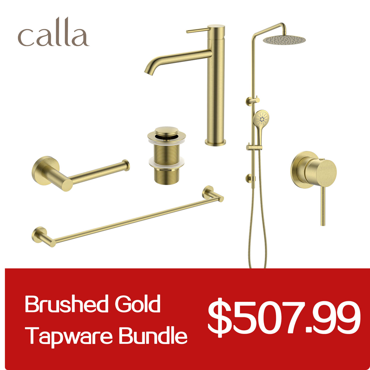Calla Brushed Gold Tall Round Basin Mixer Tap Bundle