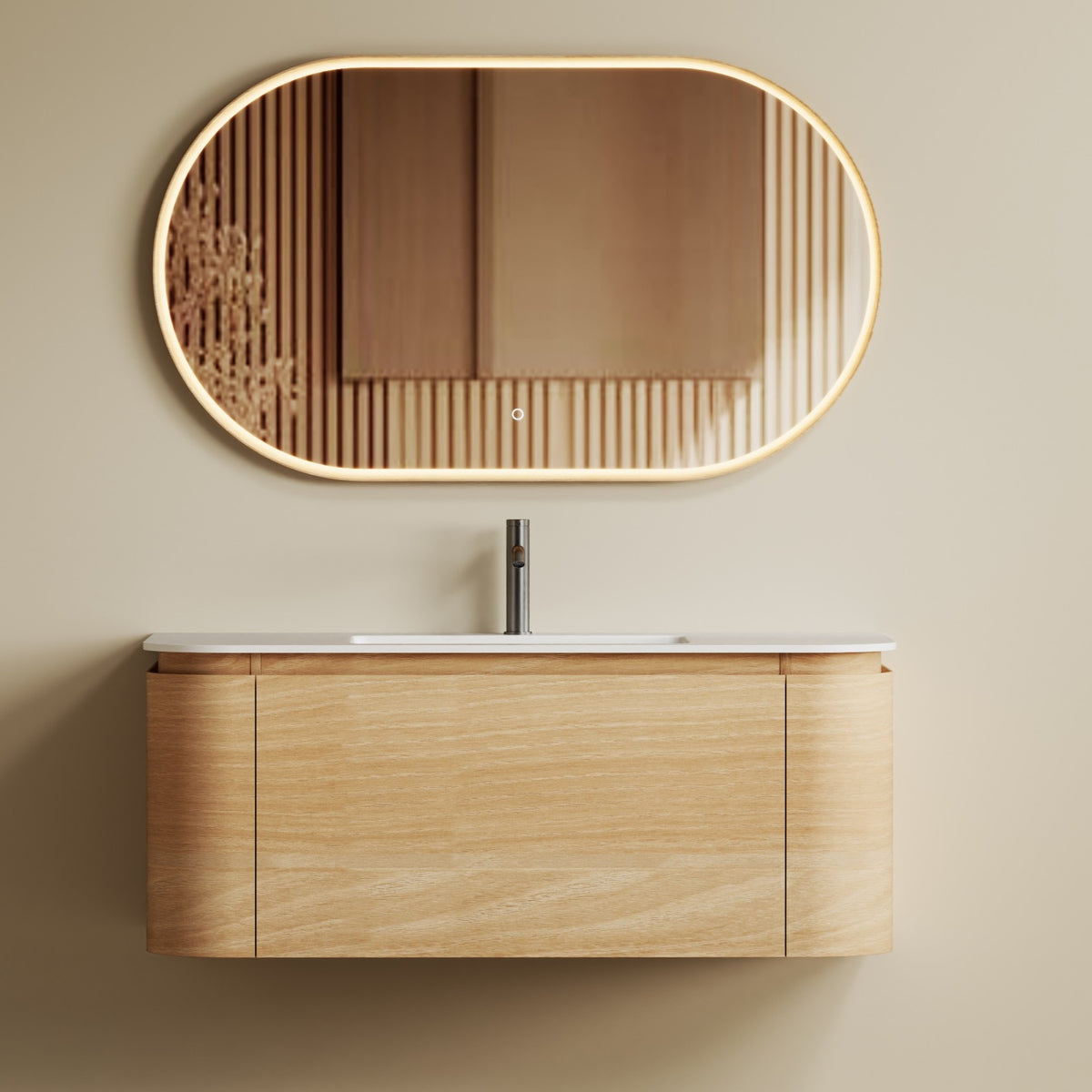 Iris 1200 Walnut Veneer Curved Bathroom Wall Hung Vanity (With Resin Undermount Integrated Basin)