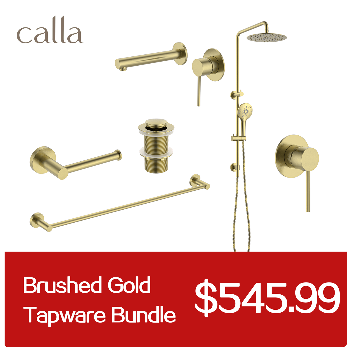 Calla Brushed Gold Round Square Basin Wall Mixer Bundle