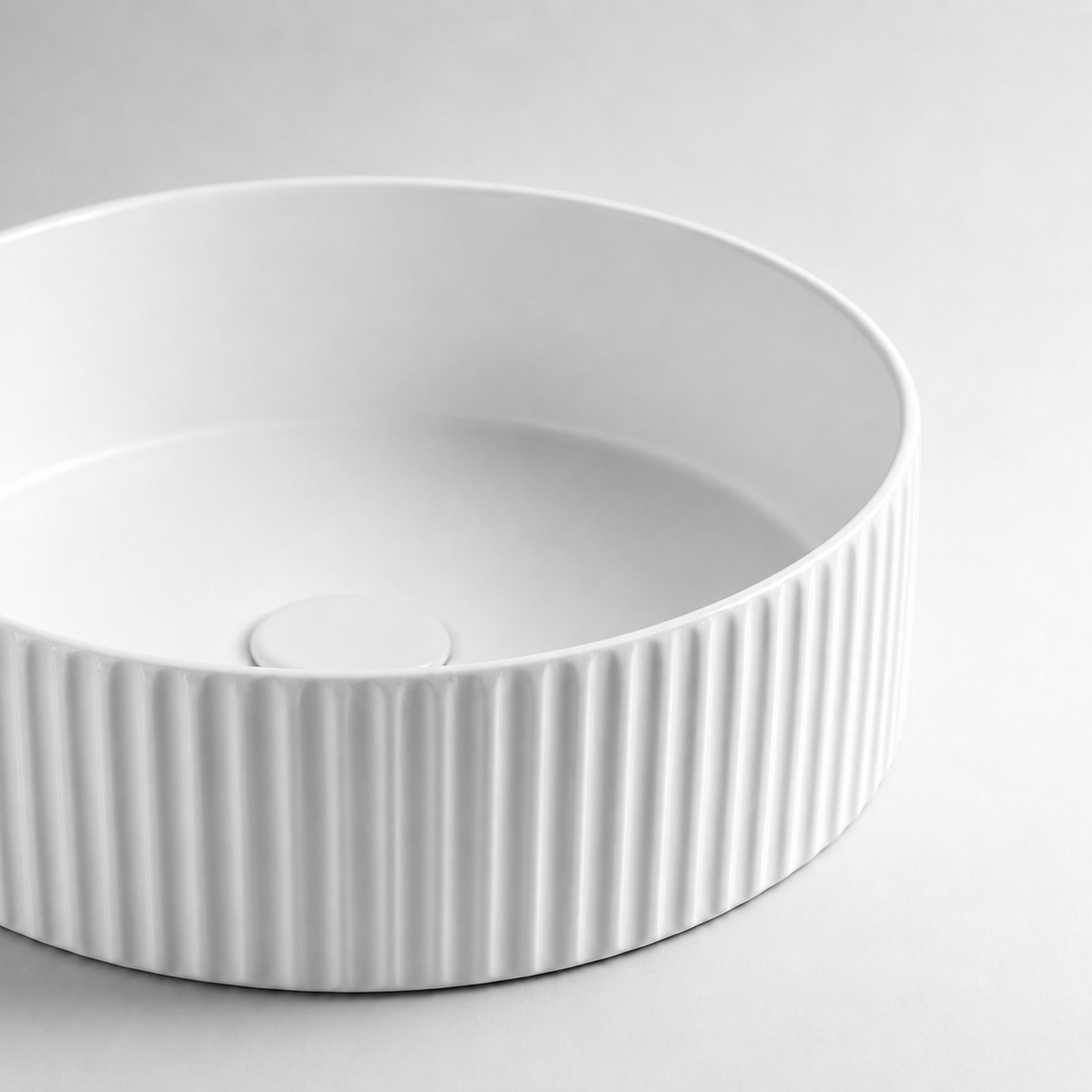 360×360×120mm Fluted Round Above Counter Bathroom Basin – Matte White Ceramic