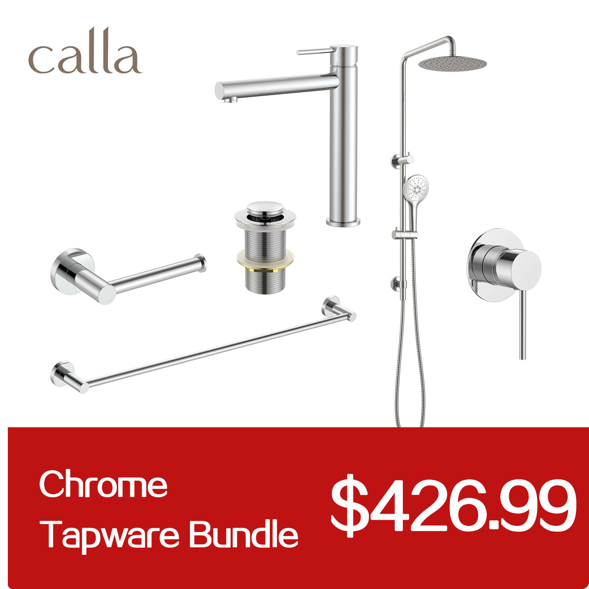 Calla Chrome Tall Rounded Square Basin Mixer Tap Bundle
