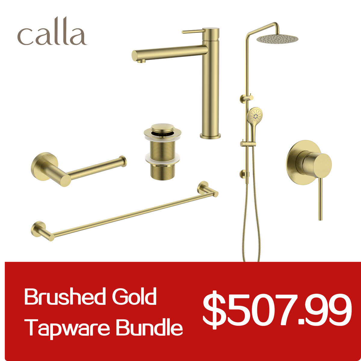 Calla Brushed Gold Tall Rounded Square Basin Mixer Tap Bundle