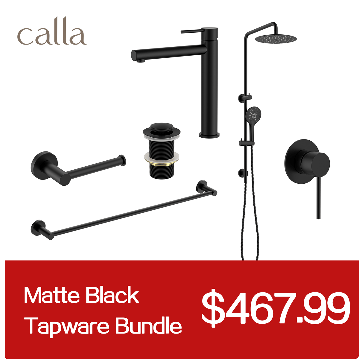 Calla Matt Black Tall Rounded Square Basin Mixer Tap Bundle