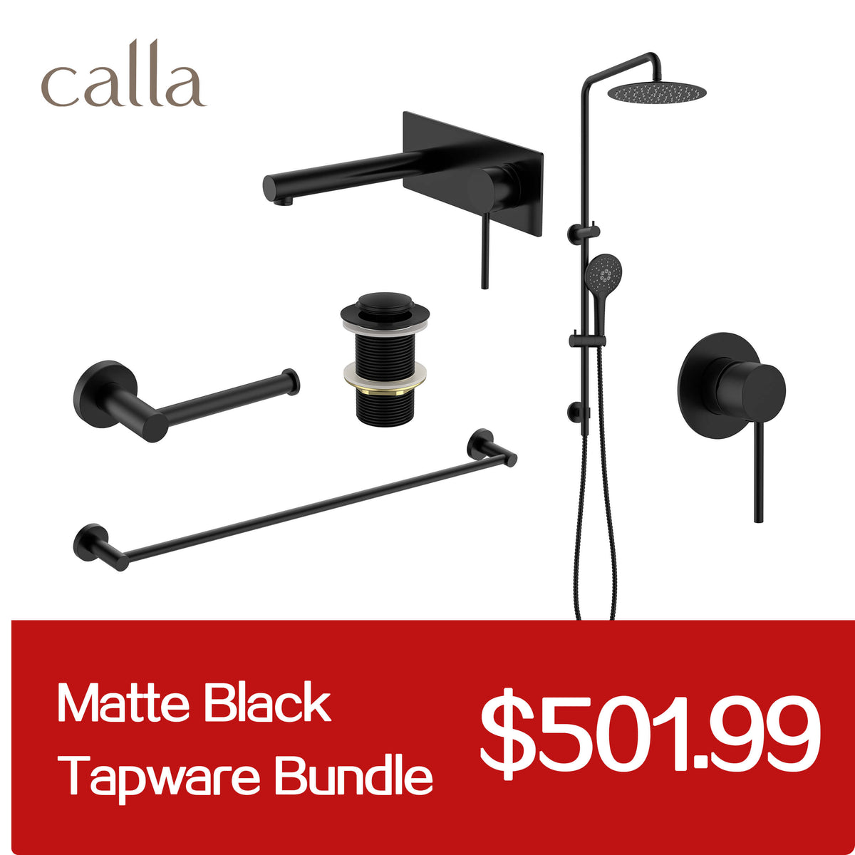 Calla Matt Black Round Square Basin Wall Mixer with Plate Bundle