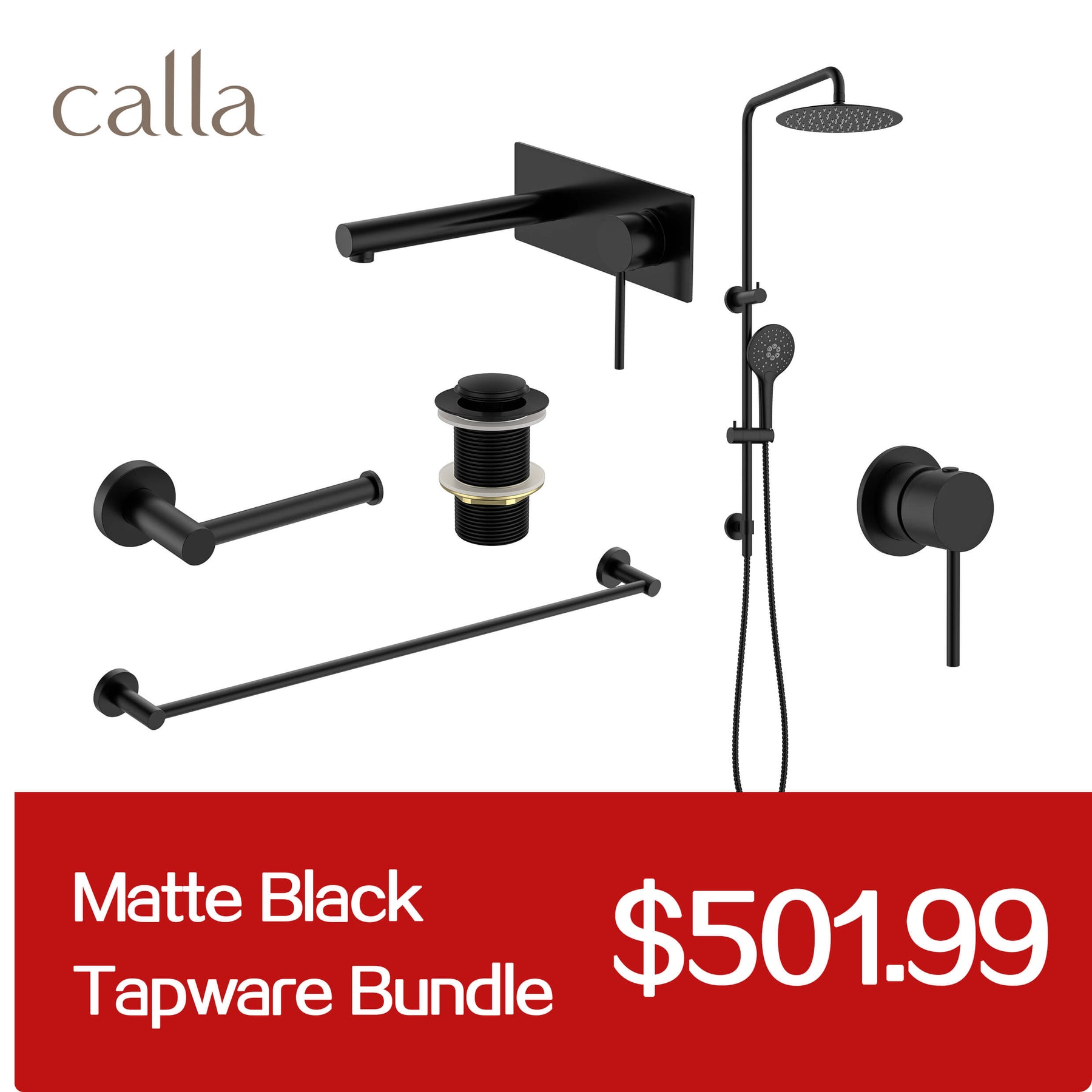 Calla Matt Black Round Square Basin Wall Mixer with Plate Bundle