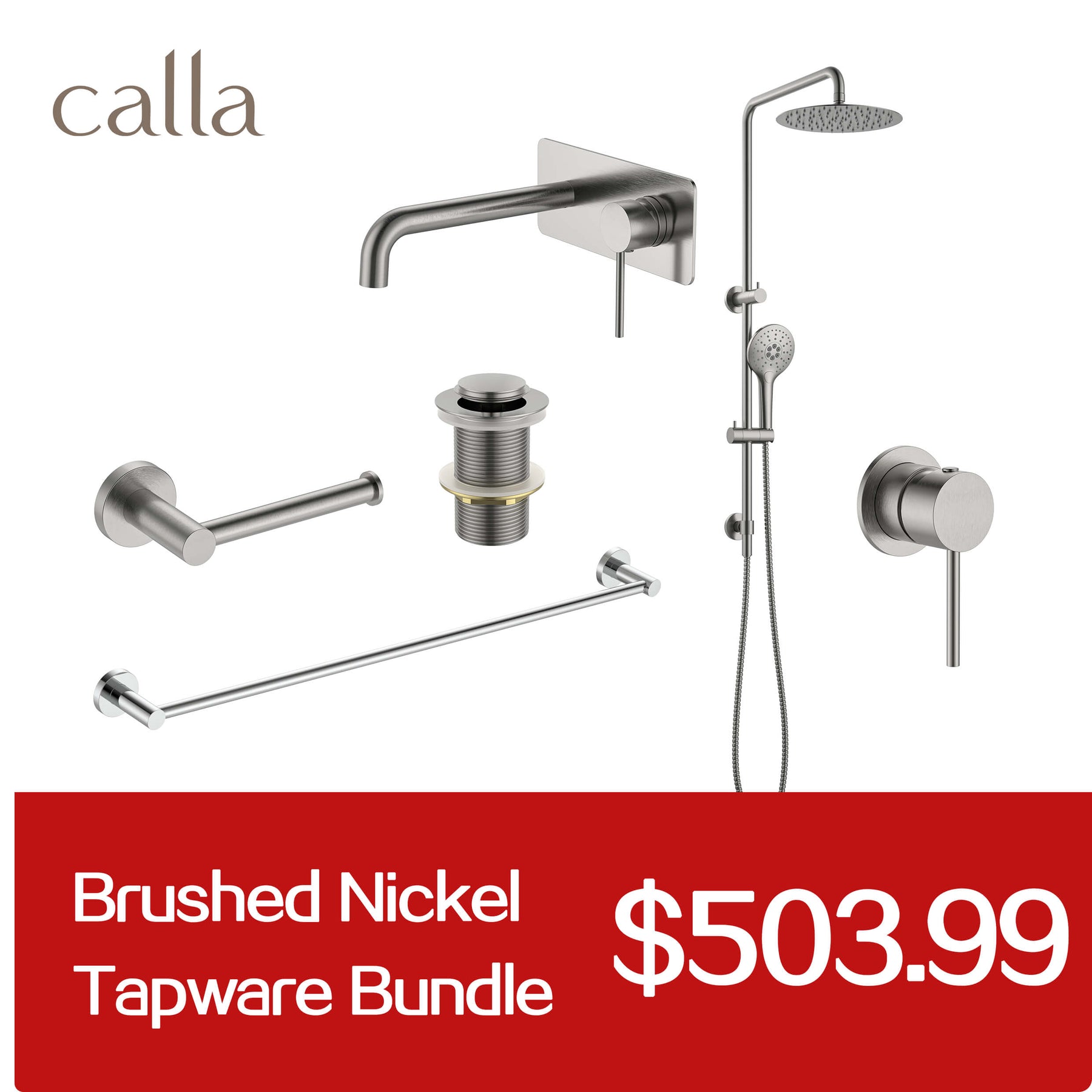 Calla Brushed Nickel Round Basin Wall Mixer with Plate Bundle