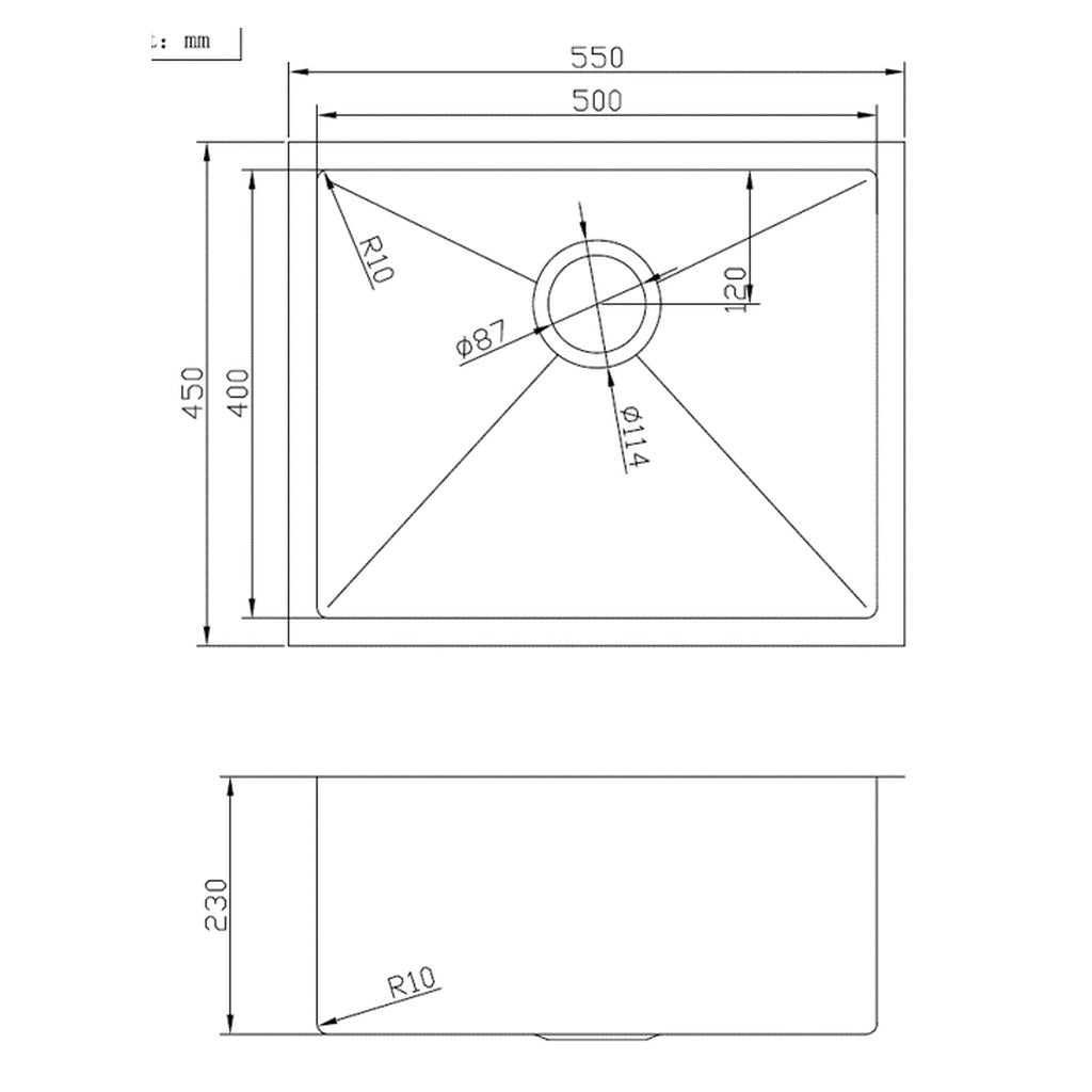 550x450x230mm Medium Single Bowl Sink Stainless Steel Sink