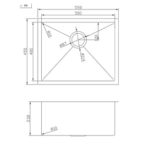 550x450x230mm Medium Single Bowl Sink Stainless Steel Sink