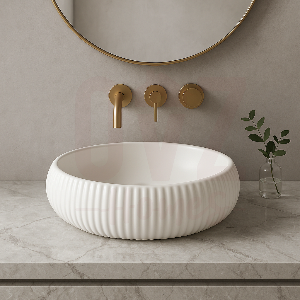 400x400x140mm Round Groove Above Counter Ceramic Basin Gloss / Matt White