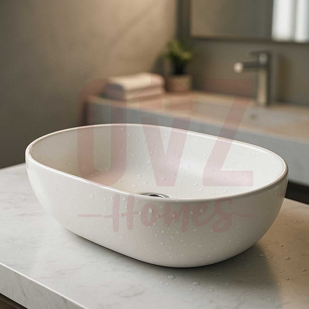 590*420*140mm Oval Above Counter Matt White Ceramic Basin Ultra Slim