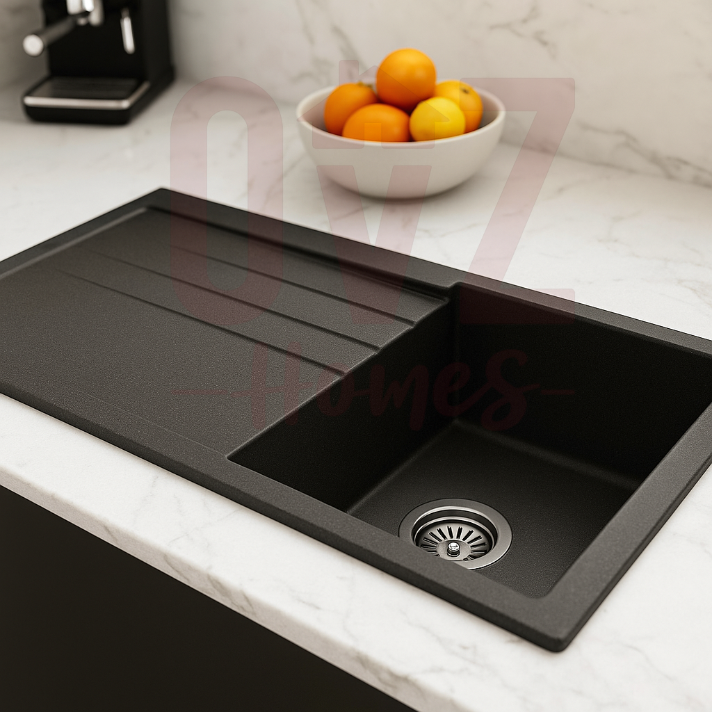 860*500*216mm Metallic Black Quartz Granite Single Bowl Sink with Drain Board for Top/Under Mount in Kitchen