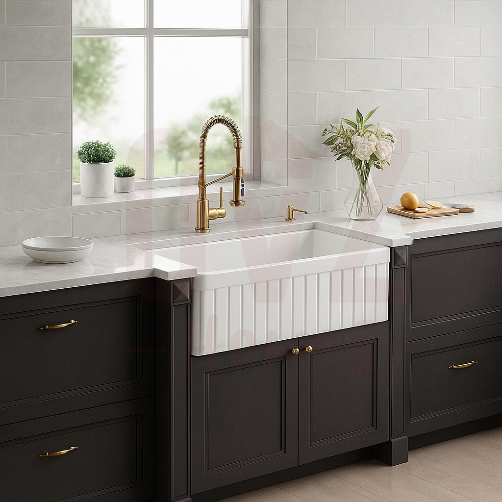 914x508x254mm Fireclay Gloss White Fluted Single Bowl Kitchen Butler Sink