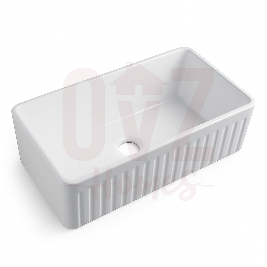 838x457x254mm Fireclay Gloss White Fluted Single Bowl Kitchen Butler Sink
