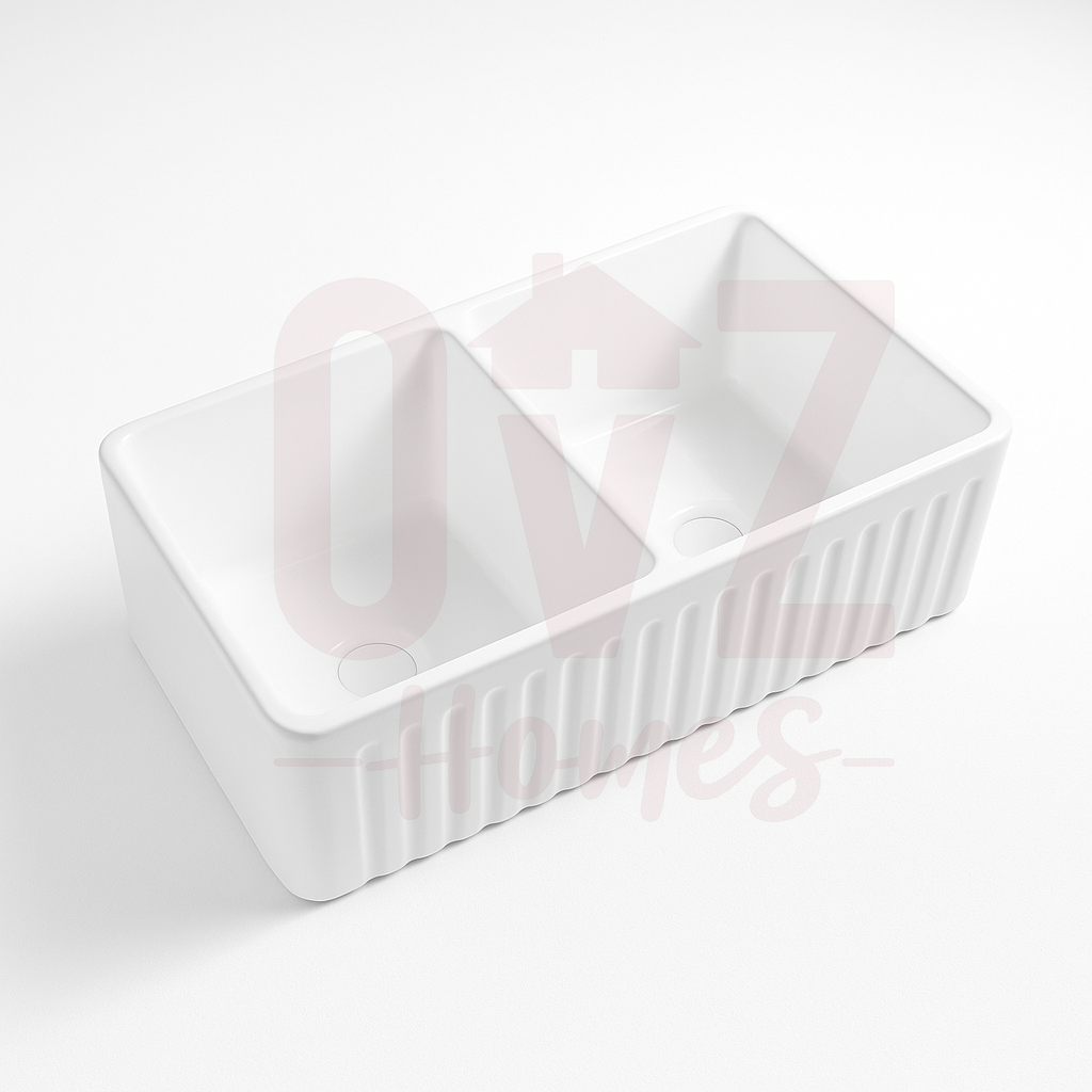 838x457x254mm Gloss White Groove Farmhouse Sink Double Bowls Kitchen Laundry Sink