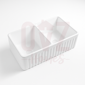 838x457x254mm Gloss White Groove Farmhouse Sink Double Bowls Kitchen Laundry Sink