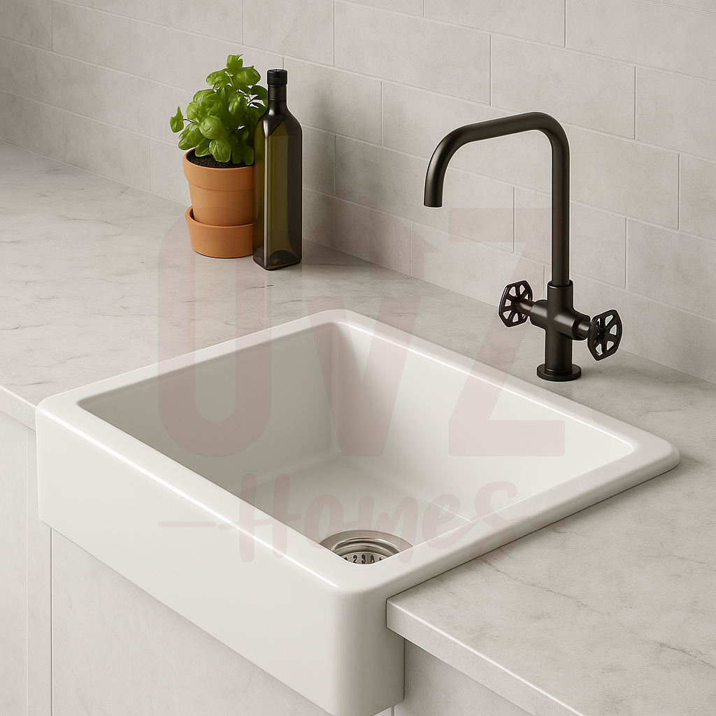 600x460x210mm Gloss White  Fireclay Farmhouse Sink Single Bowl Kitchen Laundry Sink