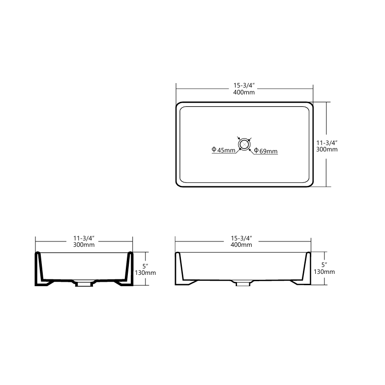 400x300x130mm Rectangle Above Counter Matte White Ceramic Basin