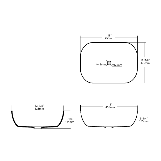 455x326x135mm Rectangle Above Counter Matte White Ceramic Basin