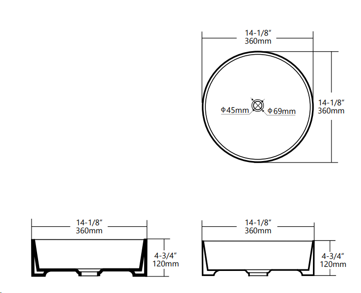 360x360x120mm Round Above Counter Matte White Ceramic Basin