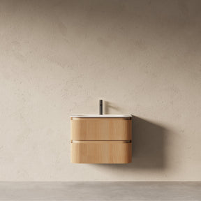 Bright 750 Walnut Veneer Fluted Curved Bathroom Wall Hung Vanity (With Resin Undermount Integrated Basin)