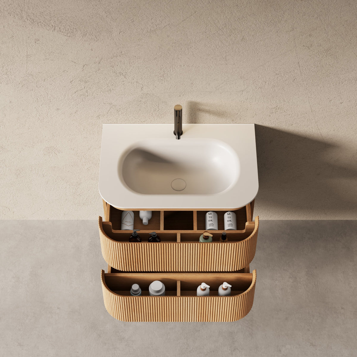 Bright 750 Walnut Veneer Fluted Curved Bathroom Wall Hung Vanity (With Resin Undermount Integrated Basin)