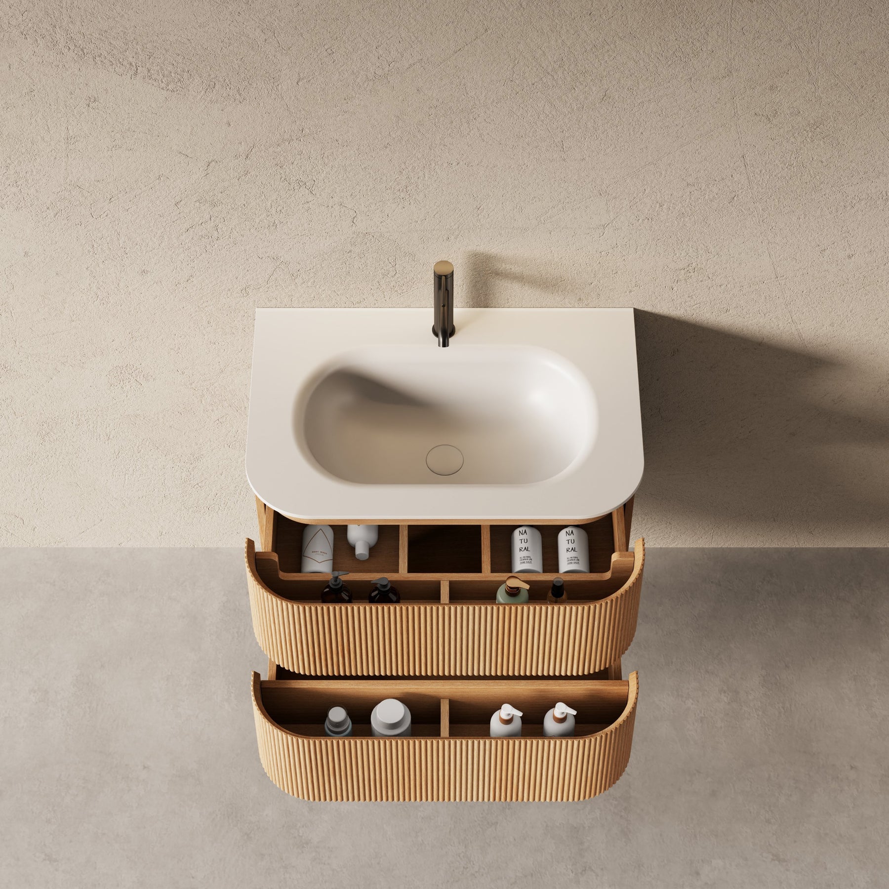Bright 750 Walnut Veneer Fluted Curved Bathroom Wall Hung Vanity (With Resin Undermount Integrated Basin)