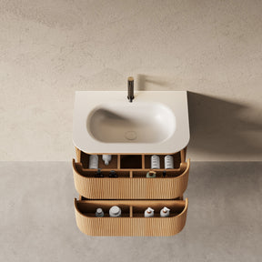 Bright 750 Walnut Veneer Fluted Curved Bathroom Wall Hung Vanity (With Resin Undermount Integrated Basin)