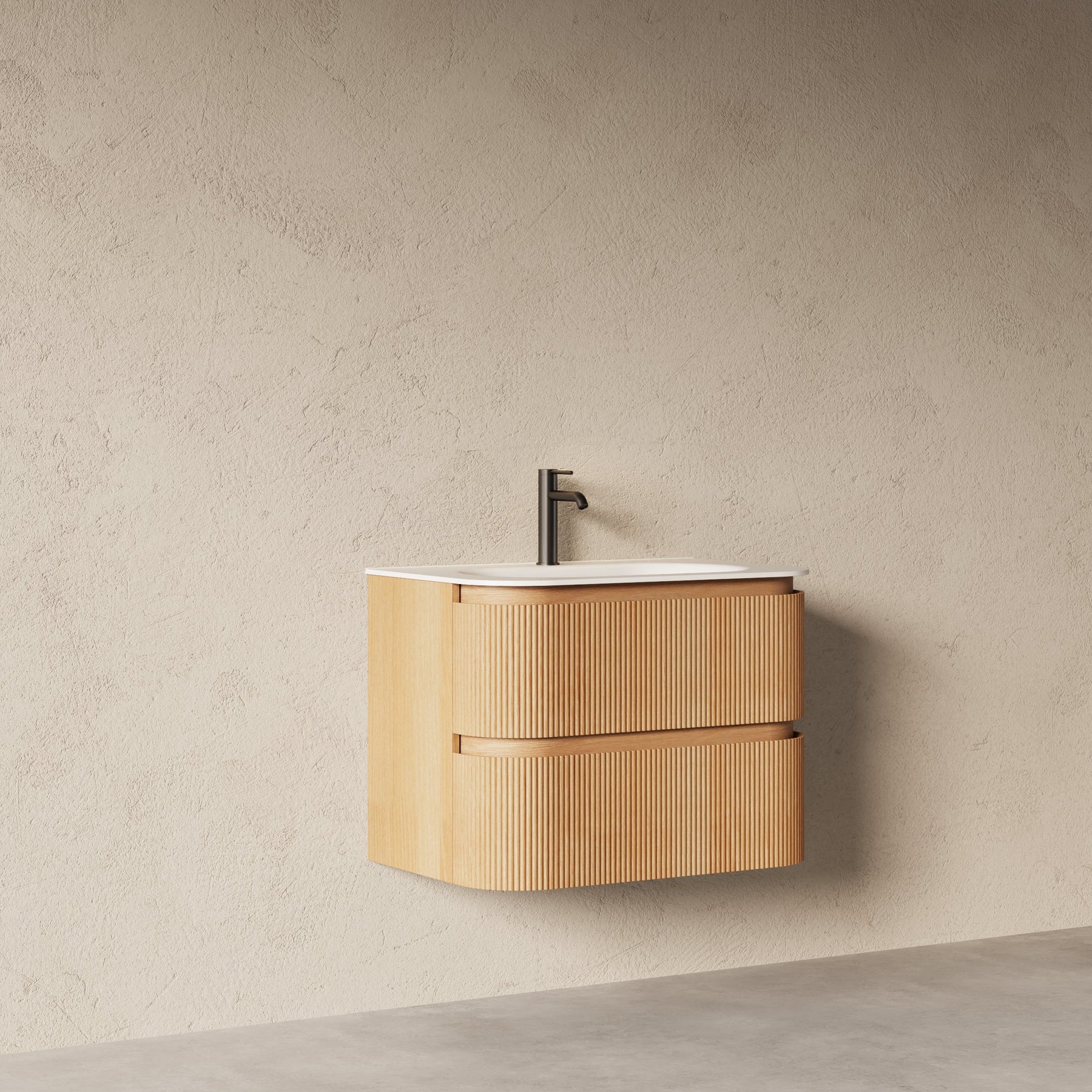Bright 750 Walnut Veneer Fluted Curved Bathroom Wall Hung Vanity (With Resin Undermount Integrated Basin)