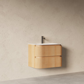 Bright 750 Walnut Veneer Fluted Curved Bathroom Wall Hung Vanity (With Resin Undermount Integrated Basin)