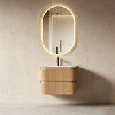 Bright 750 Walnut Veneer Fluted Curved Bathroom Wall Hung Vanity (With Resin Undermount Integrated Basin)
