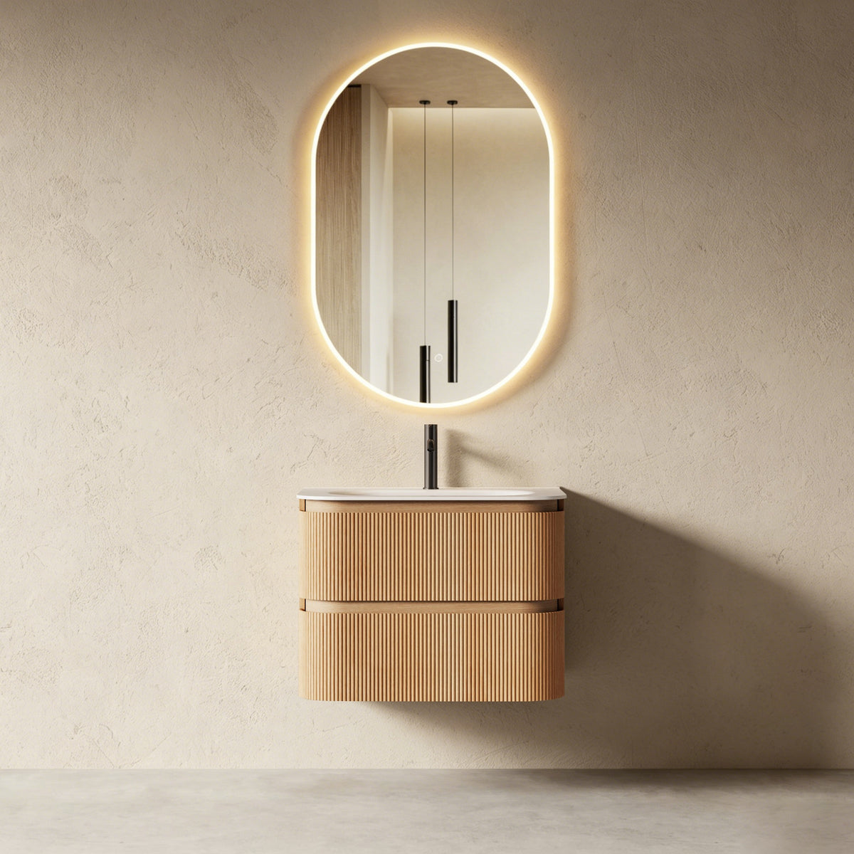 Bright 750 Walnut Veneer Fluted Curved Bathroom Wall Hung Vanity (With Resin Undermount Integrated Basin)