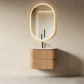Bright 750 Walnut Veneer Fluted Curved Bathroom Wall Hung Vanity (With Resin Undermount Integrated Basin)