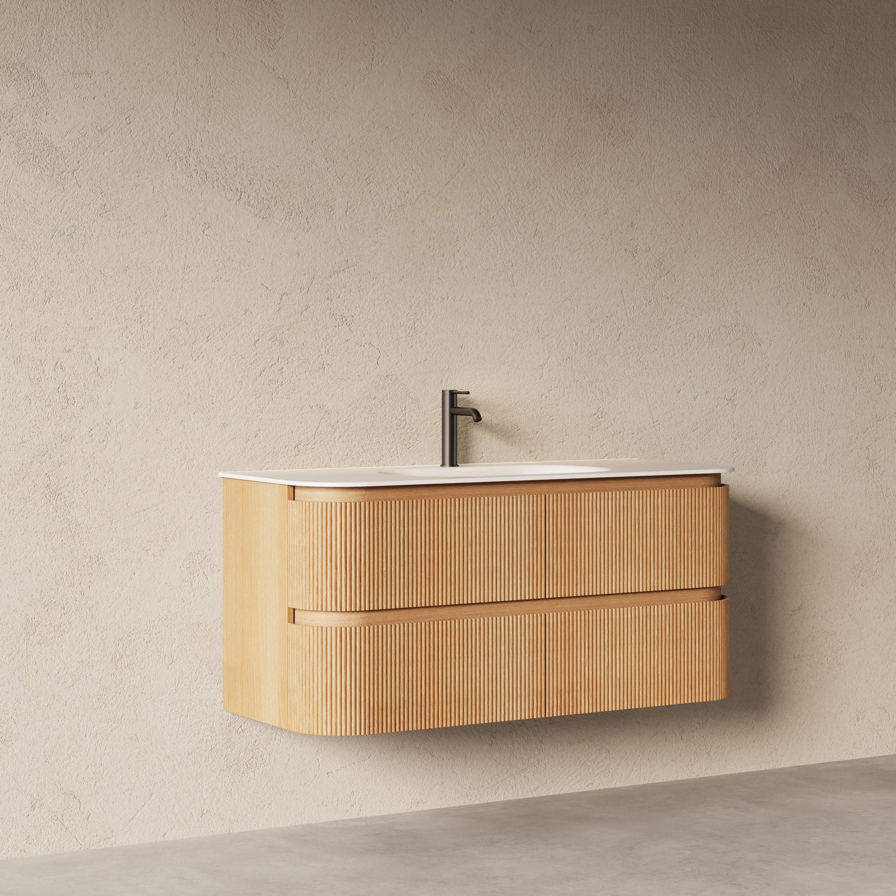 Bright 1200 Walnut Veneer Curved Bathroom Wall Hung Vanity (With Resin Undermount Integrated Basin)
