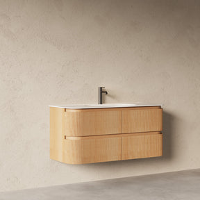 Bright 1200 Walnut Veneer Curved Bathroom Wall Hung Vanity (With Resin Undermount Integrated Basin)