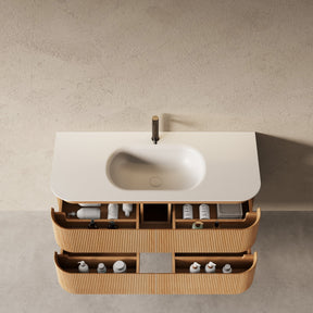 Bright 1200 Walnut Veneer Curved Bathroom Wall Hung Vanity (With Resin Undermount Integrated Basin)